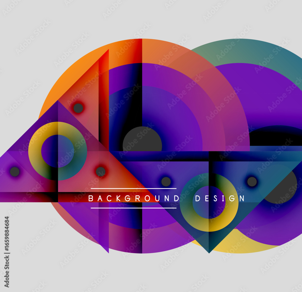 Poster abstract geometric composition. vibrant circles, triangles overlap creating modern design. gradient 