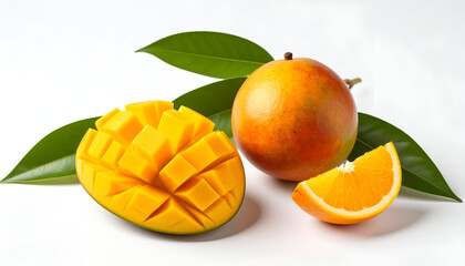 orange fruit with leaves isolated on the white background, sinaasappels en mango's - buah mangga segar di latar belakangi warna putih 