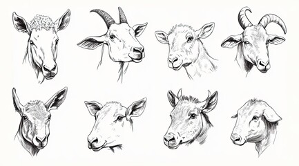Fototapeta premium sketches of farm animals heads,