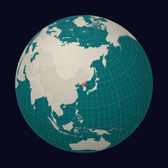 Democratic People's Republic of Korea on the map. Globe centered to Dem. Rep. Korea. Country location on the world map. Teal Pale Mint color palette. Globe with countries, meridians and parallels.