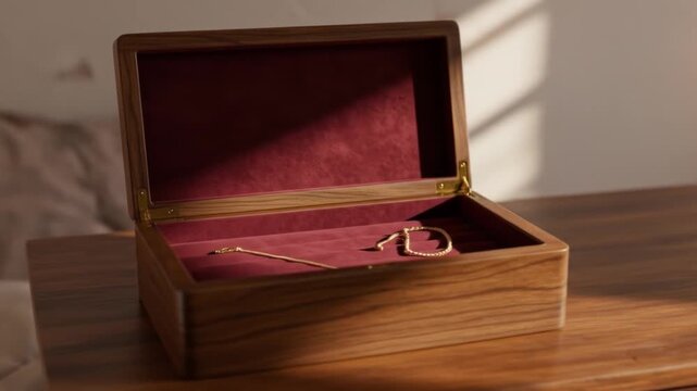 Open wooden box lined with maroon velvet reveals a gold chain necklace inside