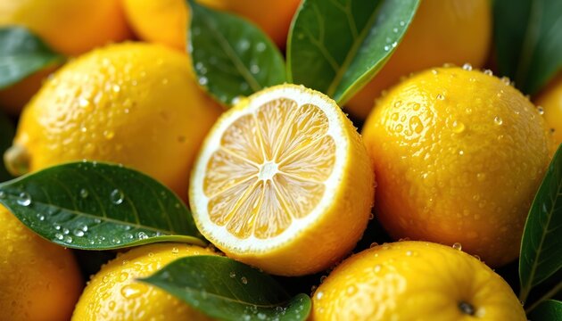 Close-up of ripe lemons with water droplets and green leaves. Juicy citrus fruit, vibrant yellow color, one lemon halved revealing juicy pulp. Fresh healthy ingredients for food and drink.