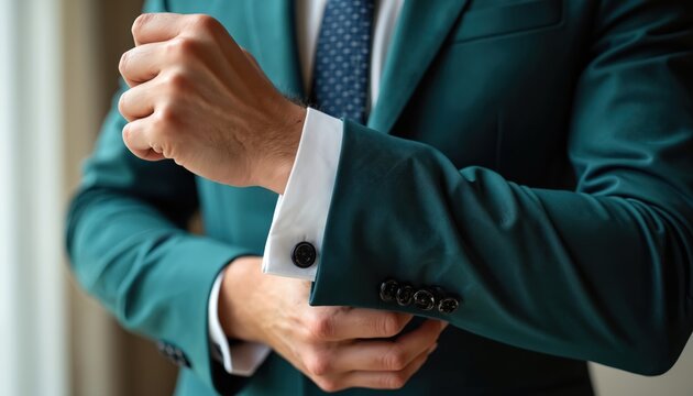 Young man adjusts black cufflinks on his white shirt sleeve. He wears an elegant teal suit, detailed with matching buttons on the cuff. Groomed hands, sharp presentation for business or formal events.