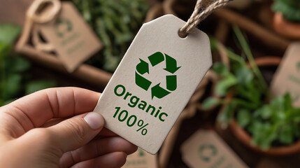 Hand holding a white tag with a green recycling symbol and the text "100%" "Organic"
