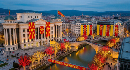 Celebrating Macedonian Independence Day with vibrant flags and festive city lights at dusk