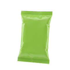 A vibrant green snack package mockup, floating mid-air. Ideal for showcasing fresh, healthy food branding and marketing designs. isolated on white or transparent background. PNG format.