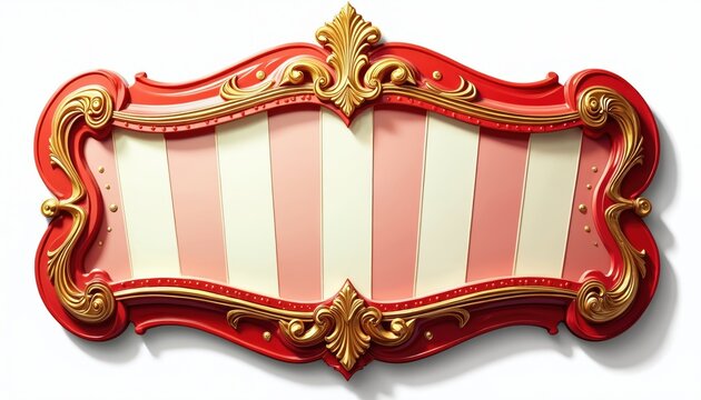 Ornate red and gold circus marquee sign with vertical stripes. Vintage style frame features intricate golden details, perfect for festive events, carnivals, and entertainment celebrations.