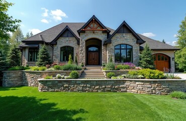 Upscale suburban home boasts manicured front yard with green grass. Stone wall provides elegant fence. Sunny blue sky. Residential exterior with rich garden design and natural stone landscape.