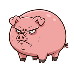 Cartoon illustration of an angry pink pig with furrowed brows, looking directly at the viewer with a grumpy expression.