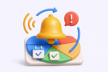 Colorful 3D notification bell with checkmarks and icons representing task management and alerts.