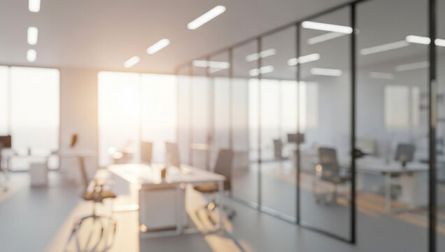 Bright office interior with transparent glass walls, neatly arranged tables and chairs, bathed in warm sunlight, highlighting a modern open-plan environment designed for collaboration and productivity