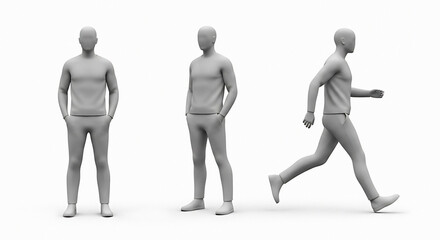 Three full body male mannequin poses standing relaxed walking motion study neutral