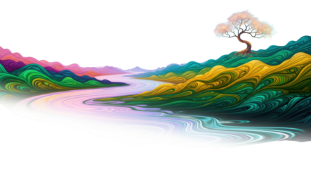 Serene landscape with swirling hills, river, and a single vibrant tree