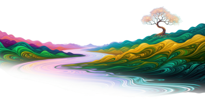 Serene landscape with swirling hills, river, and a single vibrant tree