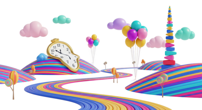 Surreal Dreamscape with Melting Clock and Rainbow Landscape Illustration