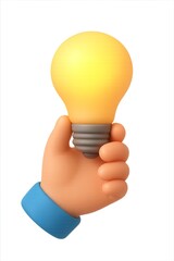 3D Clay Style Hand Holding Glowing Light Bulb Illustration, Creativity and Innovation Concept