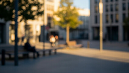 Fototapeta premium Blurred urban scene featuring trees, buildings, benches, and people in daylight, creating a lively, modern city environment filled with natural light, activity, and everyday urban life.