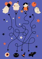 Cute playful halloween game maze puzzle ghost vector pumpkin characters spooky backdrop for wrapping paper, poster, cartoon autumn fall print set. 