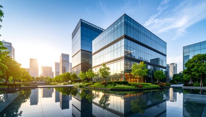 Obraz premium Modern city buildings with a tranquil water feature.