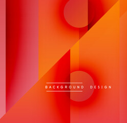 Abstract geometric design. Orange, red gradients dominate composition. Circles, rectangles overlap creating dynamic visual effect.