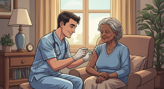 healthcare professional administering vaccine to elderly african american woman at home. promoting health and wellness. national immunization awareness month. medical poster - Powered by Adobe