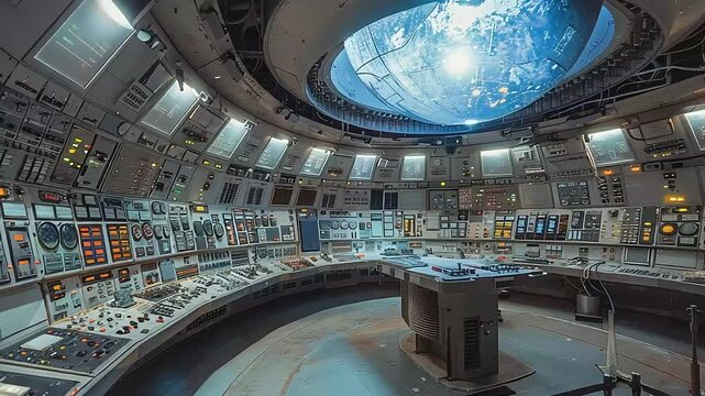Control room interior with docked earth projection footage