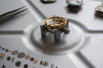 Pocket watch mechanism. Mechanical steel clockwork with cogwheel and screw