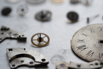 Pocket watch mechanism. Mechanical steel clockwork with cogwheel and screw