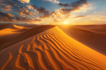 Traveler walking across golden sand dunes in a desert at sunset