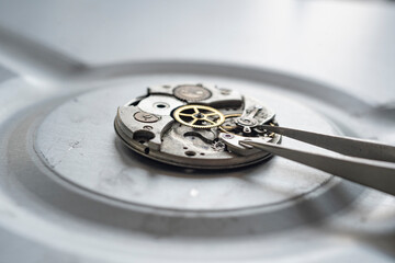 Pocket watch mechanism. Mechanical steel clockwork with cogwheel and screw