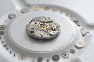 Pocket watch mechanism. Mechanical steel clockwork with cogwheel and screw