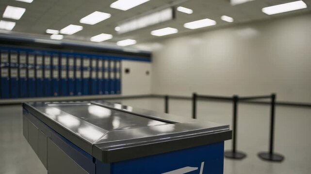 An Empty Post Office Interior with Mailboxes and Crowded Barriers, Highlighting a Serene and Spacious Environment Under Fluorescent Lighting