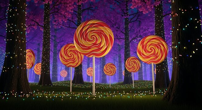 Enchanted Lollipop Forest at Night with Fairy Lights, Fantasy Landscape