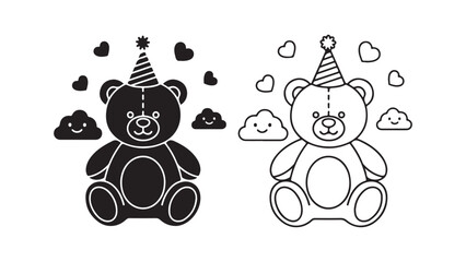 Teddy bear with party hat and hearts