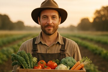 Smiling farmer proudly displays his fresh harvest of organic vegetables in the morning.