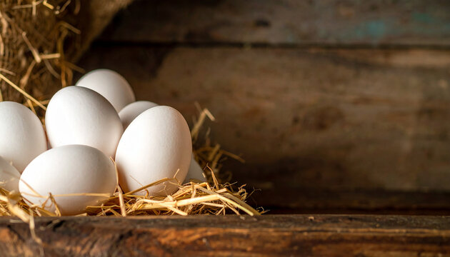 A pile of fresh white eggs in a nest on a rustic wooden background, ideal for themes related to farming, healthy eating, and rural life - Powered by Adobe