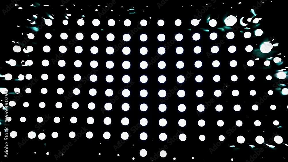 Poster animated pulsating dot grid creating a dynamic visual pattern on a black background with high contra