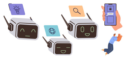 Three AI chatbot faces expressing interactions with ideas, search, and web icons, alongside a user unlocking mobile and cheering. Ideal for innovation, technology, assistance, communication, AI user