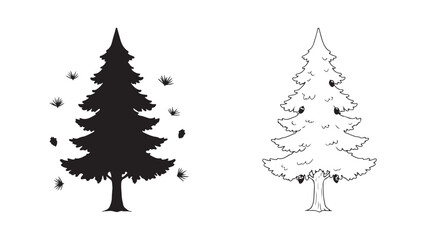 Pine tree silhouette and outline with transparent background