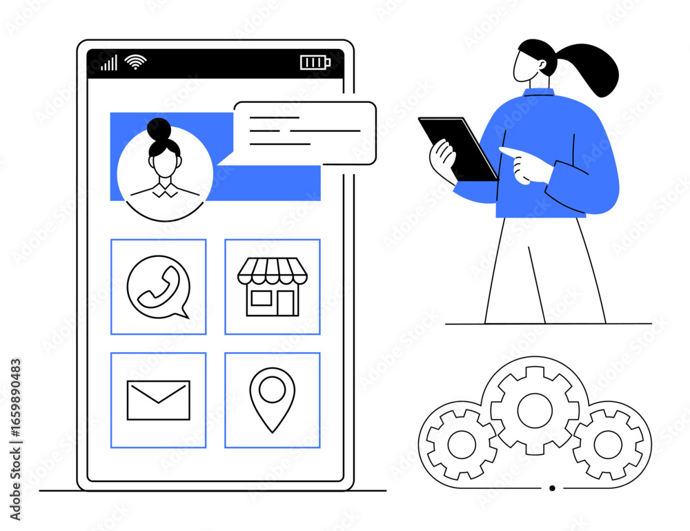 Poster person engaging with a mobile device screen showing contact options, navigation, and chat interface.