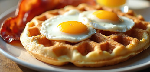 Golden waffles topped with sunny-side-up eggs and crispy bacon. Delicious breakfast or brunch platter with savory and sweet flavors. Enjoy this tempting, hearty mealtime treat with fresh orange juice.