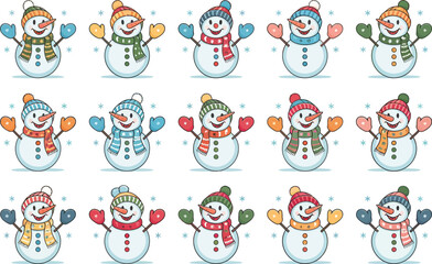 Collection of cheerful cartoon snowmen in festive winter clothing isolated on transparent background