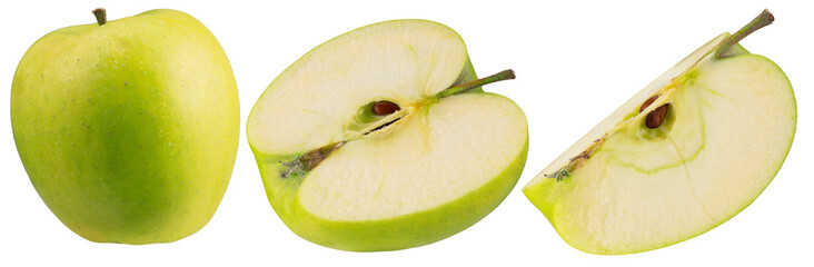 collection of green apple with slices isolated on white background