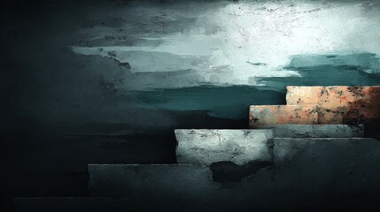 Textured Abstract Steps Painting, muted blue grey and warm tones, a path to progression