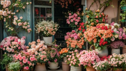 Fototapeta premium Bunches of roses and plants in pots displaying in front of a flower shop outdoors nature architecture, desktop wallpaper