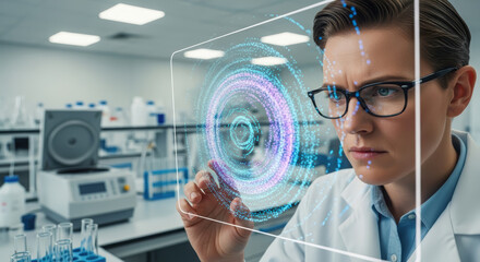 Female scientist in a laboratory examining holographic data display, showcasing advanced technology and research, with laboratory equipment and glassware in the background