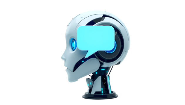 A futuristic chatbot head with speech bubble, isolated on a white background.