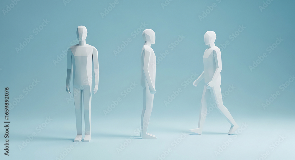 Poster Three abstract minimalist figures rendered in pastel colors with a soft gradient background showcasing different poses and forms