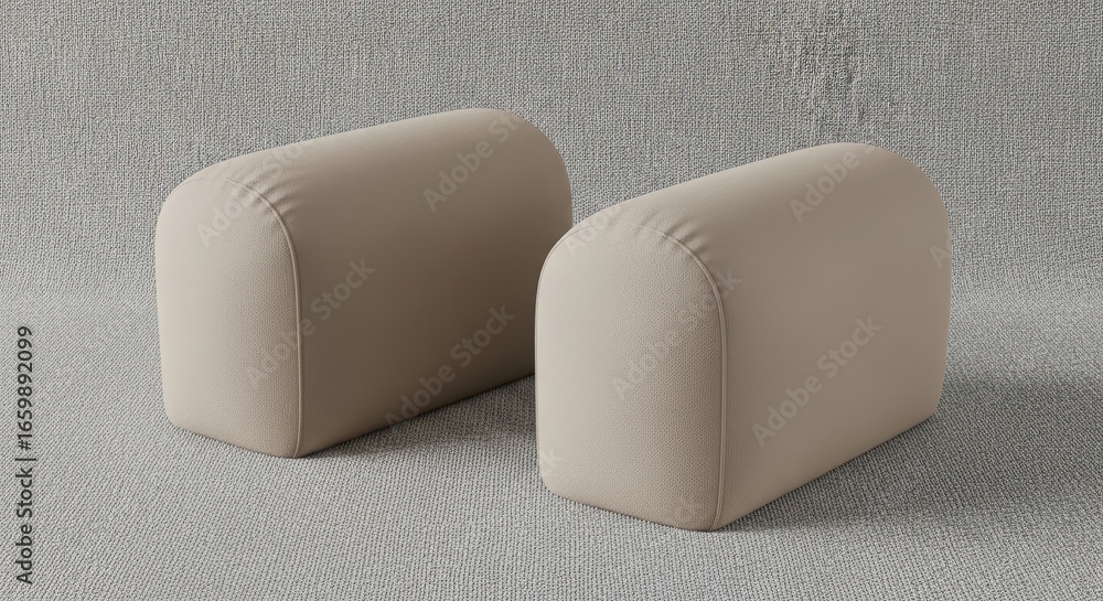 Poster two minimalist beige cushions with rounded edges are placed on a textured fabric surface, creating a