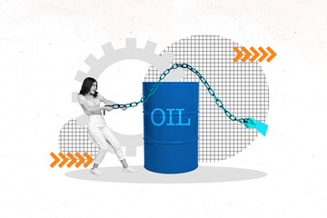 Image full pop trend collage of inexperienced girl pull chain oil barrel hand bankruptcy problem...